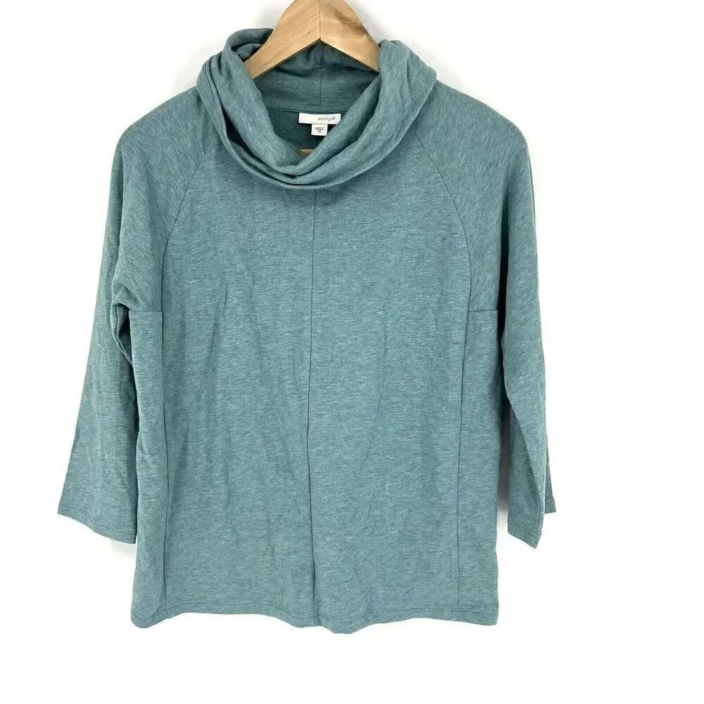 Pure J Jill Shirt Size XS Teal Green Cowl Turtle Neck Stretch Pima Cotton Knit